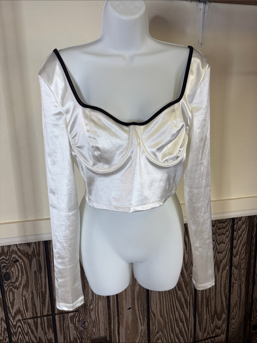 Edikted White Satin Long Sleeve Cropped Bustier Top with Black Trim